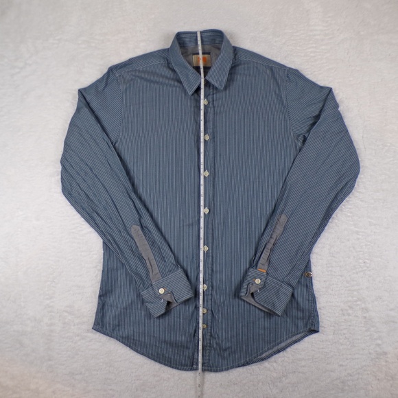 Boss Orange HUGO BOSS Men's long Sleeved striped dress shirt Size M Dark Blue - Picture 9 of 12